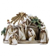 As the star blazes with golden rays overhead, Mary, Joseph and the three kings, all enrobed in simple white, gather in a humble stable to behold the baby Jesus. The natural beauty, simple design and earthy hues of this scene emphasize the Christmas miracle all the more.