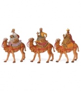 We three kings of orient. With their gifts of gold, frankincense and myrrh in tow, the Three Wise Men journey to Bethlehem on camels to offer gifts and well wishes to the newborn Baby Jesus.