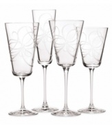 A series of etched, looping ribbons set on sleekly-shaped stemware brings style and sophistication to any affair. Wine glass shown far right.