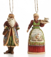 Make room for the guests of honor, Santa and Mrs. Claus! Hand-painted in deep holiday reds and tree greens, these Christmas ornaments boast incredible detail and craftsmanship. The duos' elaborate coat and apron stand out beautifully on your tree.