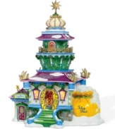 A bright light in the cold, white North Pole landscape, Tinkerbell's luxe lighthouse features fantastical swirls of emerald, violet and ice-blue rooftops and gold replicas of the famous pixie. Tink's wand shop and fairy dust work magic on your holiday decor.