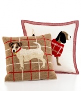 A playful pup offers a whimsical look for your space in this Martha Stewart Collection Dogs decorative pillow, featuring tufted details for rich texture and a festive grid pattern background.