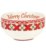 Accented with Winterberry plaid, this sentimental bowl from Fitz and Floyd wishes everyone a very merry Christmas.