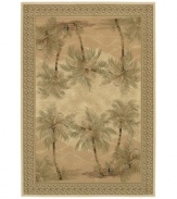 Create your own oasis with the windswept golden sands of an Arabian desert. This full-framed, bordered rug pictures an extraordinary desert landscape, replete with rolling dunes and towering palms. The thick power-loomed pile presents a soft, luxurious finish and heaviness virtually indistinguishable from the work of master artisans. Made with meticulous detail of ultra-fine fiber that resists wear and permanent stains. One-year limited warranty.