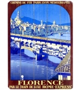 Next stop: Florence. Lit only by stars and soft city lights, the glorious Ponte Vecchio is the featured destination in this vintage ad turned wall art for the Rome Express railway.