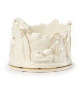 Mikasa presents the traditional Nativity scene in simple elegance. Crafted in porcelain with golden accents, the addition of a glowing candle will make it even more special.