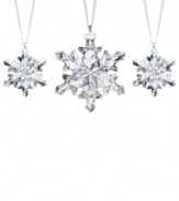 A flurry of sparkle and shine, the Swarovski crystal snowflake ornaments are the essence of holiday splendor. With a silvertone metal charm celebrating 2012 and white satin hanging ribbons.