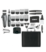 This trim and groom system includes everything you need to face the day with confidence. Ten comb attachments, a nose & ear attachment, cape, neck brush and more bring the precision of the barber shop to the comfort of your home. 2-year warranty on trimmer. 5-year warranty on clipper. Model HTC570GVB.