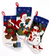 Have a tight-knit holiday. Adorable Christmas stockings sewn with a bear, Santa and snowman are gifts in themselves at nearly two feet long with festive snowflake trim. Each reverses to solid red.