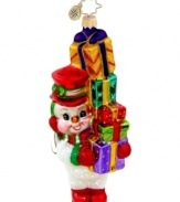 Bring your holiday to new heights with this fine chap from Christopher Radko. Dazzling color and glitter adorn a snowman and stacked gifts with over-the-top splendor.