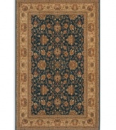 With bold style to support a more striking décor, this Karastan rug combines a timely color palette with classic design. Set on rich Prussian blue, the intricate flower-and-vine pattern pops with accents of terra cotta, hemp and jute. Masterfully placed striations add textural interest.