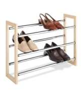 A real natural at order and organization-the simplistic design holds up to 21 pairs of shoes on a charming wood frame with three tiers of metal expandable support bars. Make even more storage space by combining two or more of these stackable racks to instantly clean up clutter at home.
