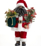 St. Nick sure has his hands full. Carrying beautiful trim and trees, this holiday-perfect Santa Claus figurine makes a special Christmas delivery in his traditional red and white getup.