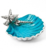 Seafood is always on the menu with the Coquilles tidbit plate from Star Home. Individually sculpted and finished by hand with starfish and aqua accents, it lends whimsical charm to seaside homes.