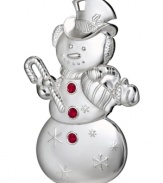 A snowman built to last, this Waterford ornament lacks a carrot nose and eyes of coal but shines even brighter in beautiful silver plate with sparkling red buttons.