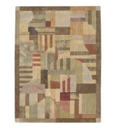 This long runner is ideal for hallways and entryways. A modern design of animated beauty, this rug renders columns in an abstract collage of rectangles accented with graceful curvilinear details. A cool green palette is tinged with warm hues of brown. Woven of premium Opulon(tm) yarns to create a lavish pile with a rich, color-enhancing finish.