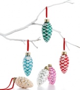 Dusted in sparkly white snow, these candy-colored pine cone ornaments from Martha Stewart Collection fill your tree with irresistible whimsy. (Clearance)