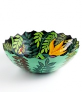 Birds of a feather and birds of paradise flock together on this vibrant bowl, handcrafted in papier-mache and painted to evoke the lush, tropical landscape of Haiti.