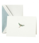 Special delivery! Hand-engraved with a shimmering dragonfly, this blank cards from Crane are a delight to send and receive. Envelopes feature iridescent arctic-blue lining to match the whimsical design.