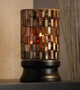 Create a cozy ambiance with this hurricane candle holder. Amber, pearl and multi-colored glass panels create a striking pattern and soft glow that usher warmth into your home.