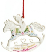 Take the reins of your child's first Christmas and make it unforgettable with this 2011 rocking horse ornament from Lenox. In ivory porcelain with cheery detail and Baby's First Christmas in gold, it's something he or she can treasure forever. Qualifies for Rebate