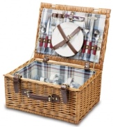 With a classic willow design and plaid lining, the Bristol picnic basket has all the makings of a delightful summer afternoon. Service for two – including plates, flatware and more – is secured inside the lid, leaving plenty of room for food.