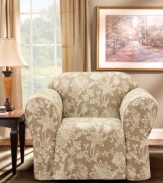 A floral take on classic cotton, the printed Verona slipcover from Sure Fit provides any style furniture with a sleek, draped look. Back elastic and inner pleating reduces the need for tucking, leaving an elegant finish.