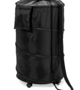 The perfect laundry companion for your dorm! Popping up whenever you need it, this spiral hamper is the perfect fit for small spaces with easy-glide wheels that keep it out of the way and easy to move around. This innovative essential also includes a black mesh laundry bag for toting laundry around campus and a zipper change pouch for load after load.