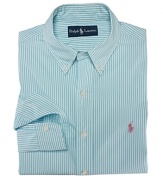 A trim-fitting long-sleeved shirt is crafted from silky cotton poplin in a bold striped pattern.
