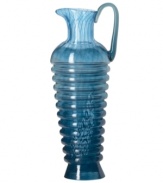 Crafted by renowned visual artist Kjell Engman, these pieces reflect the designer's endless imagination and passion for glass art. Inspired by the colors of the Mediterranean, the Corfu collection features whimsical shapes and unique style. Blue pitcher shown left.