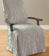 Ripe and ready for spring, the Matelasse Damask dining room chair slipcover presents a fresh damask design for your furniture. Extra-thick cording and a straight skirt make this slipcover sturdy and compatible with any style furniture, from slim-lined to camel back.