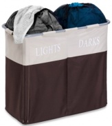 See the difference between light & dark! A dual compartment hamper makes it easy to sort and store the different garments in your wardrobe. A heavy-duty exterior feature a mesh top with drawstring closure.