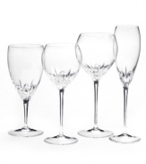 Inspired by the chic London neighborhood, Wedgwood Knightsbridge stemware features a delicately round shape with deep cuts around the bowl. The stem resembles a flower when viewed from above. Goblet shown 2nd from right.