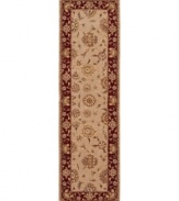 A deep maroon border offers a refreshing pop of color on this sophisticated area rug. Meticulously handcrafted with soft wool pile, and highlighted with lustrous silk accents, this elegant addition to the Nourison 2000 collection lends a fashionable look to both casual and refined spaces.