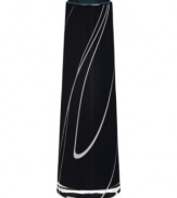 Contrast colorful blooms with the minimalist Barcelona vase. Black art glass streaked with ribbons of white is an elegant complement to modern spaces. Designed by Anna Ehrner for Kosta Boda.
