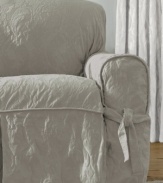Ripe and ready for spring, the Matelasse Damask slipcover collection presents a fresh damask design for your furniture. Rounded arms with extra-thick cording and a straight skirt with four sets of ties make this slipcover sturdy and compatible with any style furniture, from slim-lined to camel back.