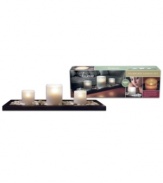 Experience the zen serenity and elegant aesthetic of three flickering candles nestled in a custom wood tray filled with genuine river rocks.
