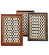 A little rough around the edges, Shabby Chic picture frames from Tizo have the rustic elegance that appeals in classic and country decor. With a splash of color, gold trim and fleur de lys print.