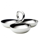 Smooth silver plate renders extra brilliant with the clean, fluid lines of Vertigo giftware. Ideal for dips, berries or party snacks, this large 3-section server features a twisted ring for improved functionality and contemporary flair.
