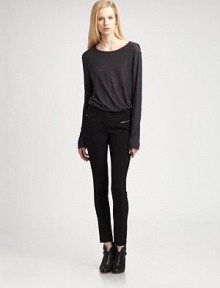 A sporty-chic pair in an ultra-slim silhouette with bold front zip details.Tab front with button closureZip flyFront slash seamsBack slash pocketsBack dartsRise, about 8½Inseam, about 29Fully lined65% polyester/31% rayon/4% spandexDry cleanImportedModel shown is 5'11 (180cm) wearing US size Small. A sporty-chic pair in an ultra-slim silhouette with bold front zip details.Tab front with button closureZip flyFront slash seamsBack slash pocketsBack dartsRise, about 8½Inseam, about 29Fully lined65% polyester/31% rayon/4% spandexDry cleanImportedModel shown is 5'11 (180cm) wearing US size Small.