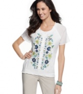 Floral embroidery lends a handcrafted touch to this top from JM Collection. Made from 100% crinkled cotton, it's a lightweight choice on hot days.