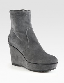 Impeccable craftsmanship defines this platform wedge silhouette of fine Italian suede with patent leather trim. Self-covered wedge, 4 (100mm)Suede platform, 1½ (40mm)Compares to a 2½ heel (65mm)Suede upper with patent leather trimSide zipLeather liningRubber solePadded insoleMade in Italy