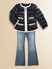 Haute couture style with classic contrast trim combines with down warmth in a perfect winter jacket for a young fashionista.Round necklineQuilted puffer body and sleevesTwo-way front zipperLong sleeves, one with appliquéd logoFour front patch pocketsStraight, slightly cropped hem90% down/10% feather fillFully linedNylonMachine washImported