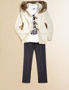 Both a jacket and a sweater, this pretty cardigan keeps your snow bunny cozy with a combination of knits and faux fur to frame her face.Faux fur trimLong sleeves with ribbed cuffs and smooth knit elbow patchesToggle front closure with ribbed placketSmooth knit gunflaps and flap patch pocketsRibbed hem68% wool/20% nylon/10% angora/2% silkDry cleanImported Please note: Number of toggles may vary depending on size ordered. 