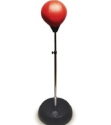 Go for the knockout and you'll benefit from a great workout, too! This pro-style punching bag is mounted on an adjustable-height stand that swings when punched, creating a more challenging workout. The padded boxing gloves with Velcro closure protect your hands when delivering devastating punches to your inanimate opponent.