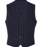 Add classic dandy style to your workweek attire with this sharp vest from Polo Ralph Lauren - V-neck, front button placket, two chest and waist welt pockets, front stripe print, solid back with adjustable belt - Style with a button down, jeans or trousers, and ankle boots