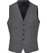 Finish your tailored look on a dashing note with Neil Barretts sleek grey plaid vest, perfectly tailored to modern-dandy looks - V-neckline, button-down front, font slit pockets, adjustable back sash - Pair with dress shirts and sharply tailored blazers, or work sartorial style with favorite tees and jeans