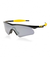 Compare every single sport product on the planet and you'll find one performance breakthrough that has seen more championships and medals than any other. That includes the seven consecutive Tour de France victories of Lance Armstrong. It's the Oakley M Frame. The black frames have yellow accents and will make you feel like you are cycling right along the champion himself.