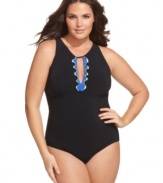 Profile by Gottex takes the one-piece up a notch! This plus size swimsuit features sexy cutouts and flirty ruffle trim.
