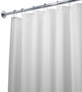 Protect your space from stray splashes! Featuring completely waterproof polyester with reinforced button holes and a structured top hem, this shower curtain liner keeps water inside the tub or shower where it belongs. Also features a clean finish for a luxurious look.